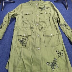 Colleen Lopez Olive Green Butterfly Embroidered Utility Jacket Art Size L